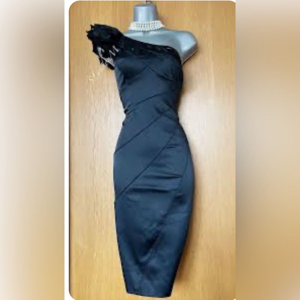 KAREN MILLEN Black Satin One Shoulder Ruffle dress